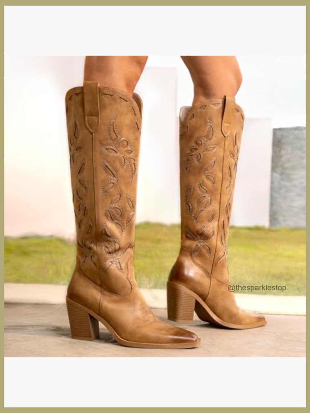 Knee High Cowboy Cowgirl Boots with Chunky Heel, Pull On Tab, Square Toe - Picture 6 of 7